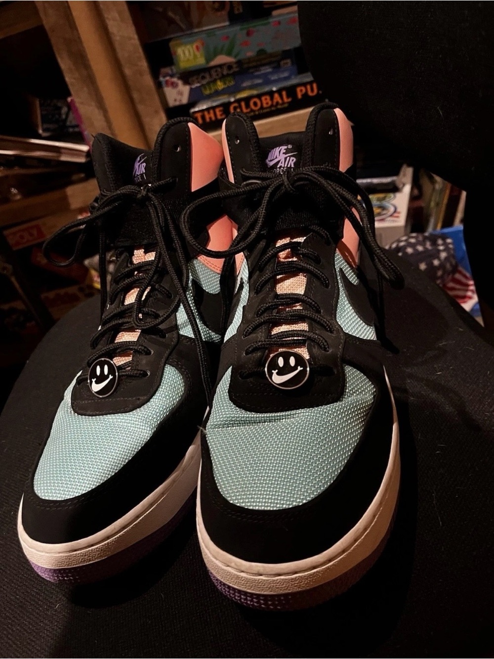 Nike Air Force 1s Men's High-Top Sneakers in Mint, Black and Pink